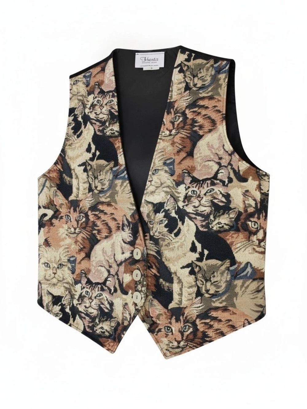 Vintage 1991 Herta Cat Kitten Print Woven Tapestry Jacquard Vest Women's Size S